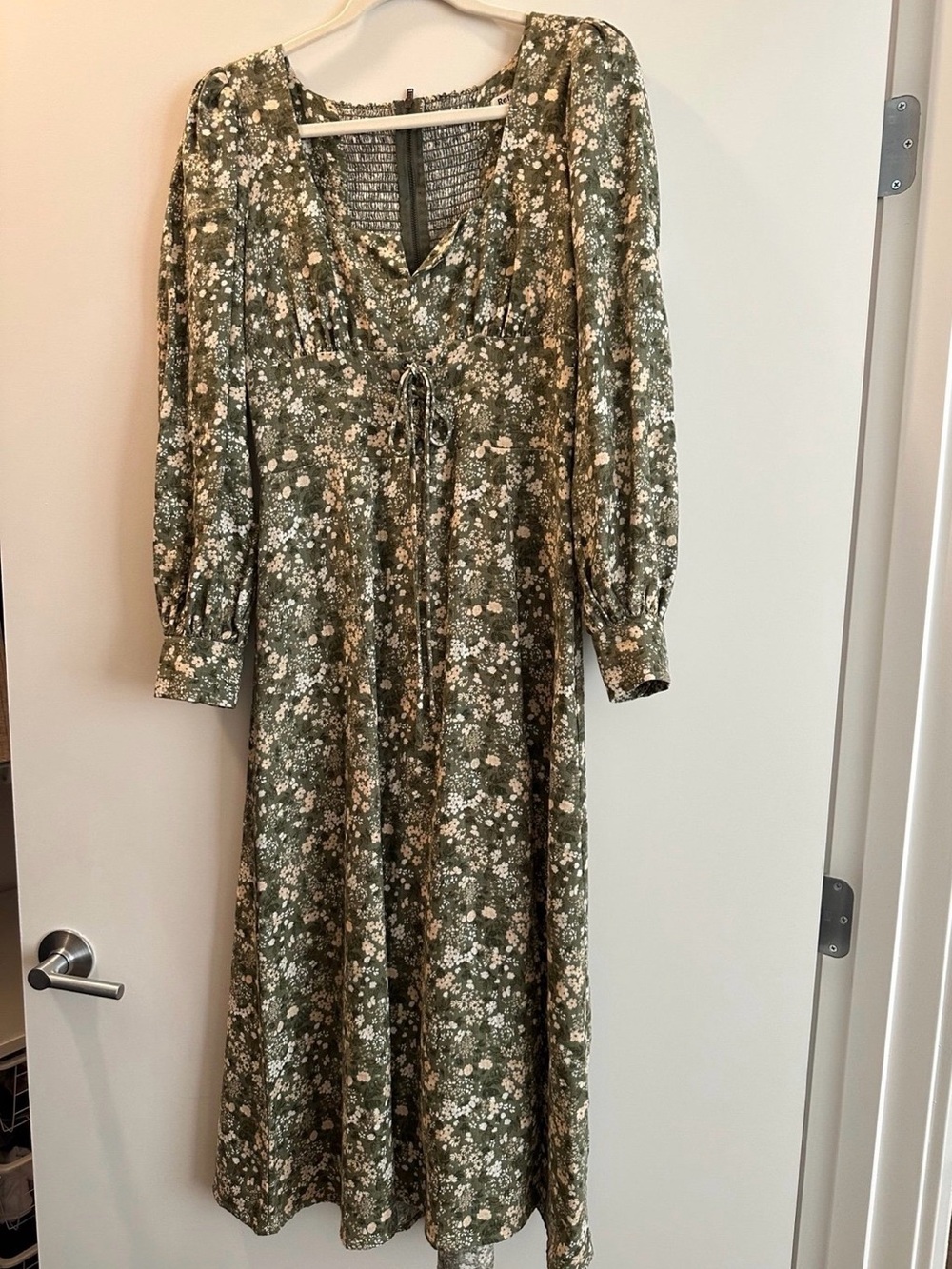 Reformation Olive Green Floral Maxi Dress with Cream Accents